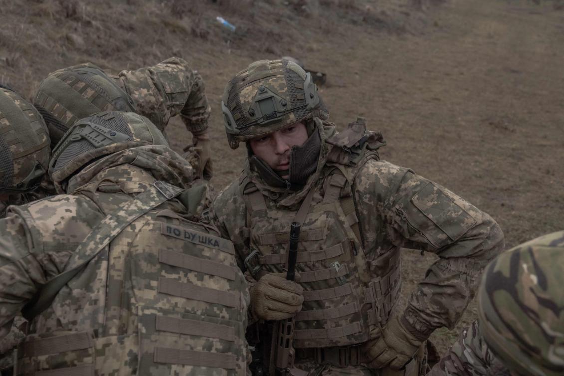 Ukrainian soldier ‘Buch’, center, who left his unit without permission and later returned, takes part in a training exercise in the Dnipropetrovsk region on Dec. 12, 2024. (AFP)