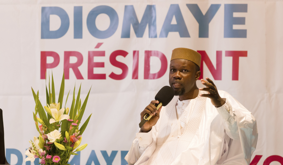 Senegal's then-opposition leader Ousmane Sonko adresses supporters in Dakar, Senegal, Thursday, March 14, 2024. (AP)