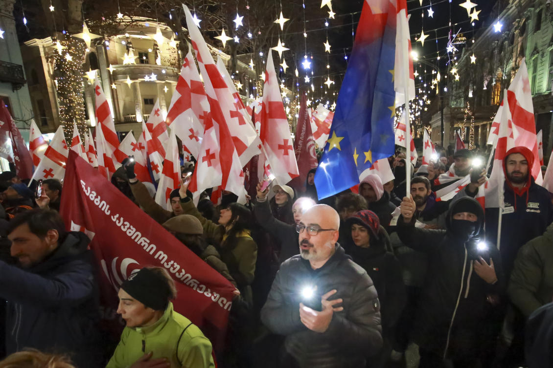 Georgia has been gripped by protests throughout 2024, with Georgian Dream’s opponents accusing it of steering Tbilisi toward Moscow rather than toward the longstanding goal of joining the EU. (AP)