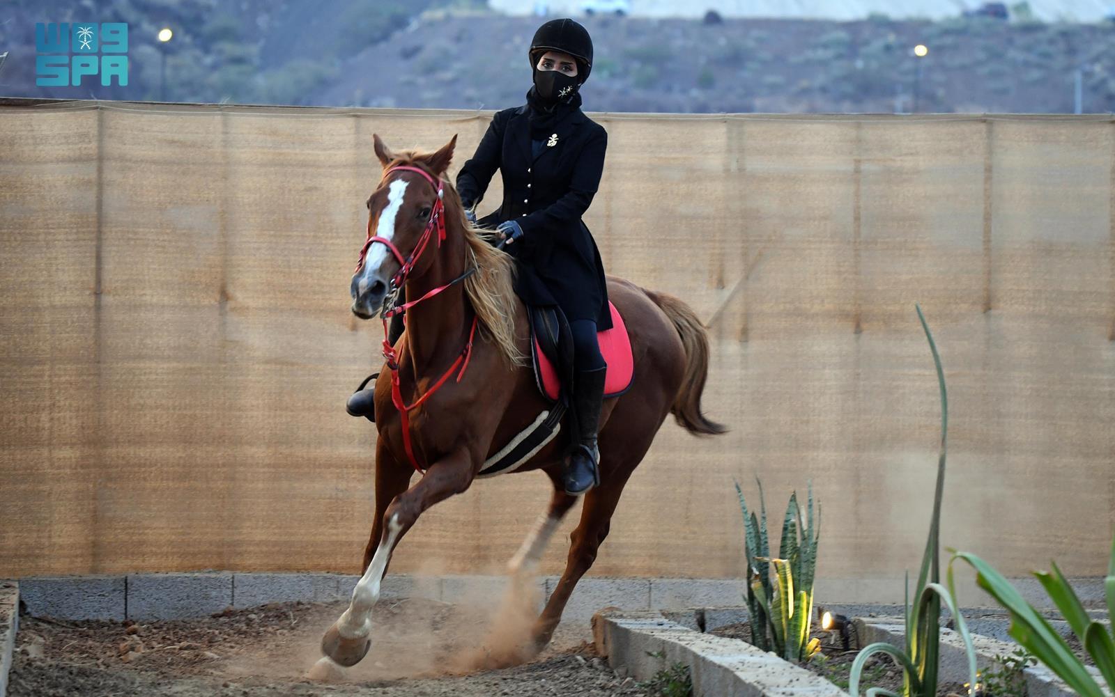 Horseback riding instruction covers balance, rein handling, calming techniques, and track riding. (SPA)