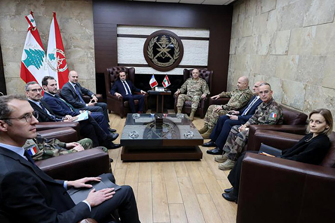 France’s Foreign Minister Jean-Noel Barrot (4th L) and Defense Minister Sebastien Lecornu (C-L) meet with Lebanon’s army chief Joseph Aoun (C-R) in Yarze on December 30, 2024. (AFP)