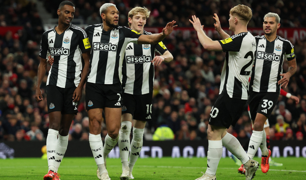 Newcastle United's Alexander Isak celebrates scoring their first goal with Joelinton, Anthony Gordon and Lewis Hall. (Reuters)