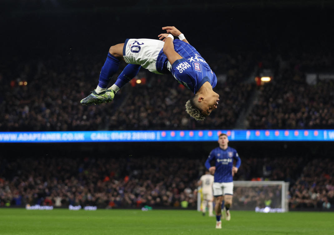 Ipswich Town's Omari Hutchinson celebrates scoring their second. (Reuters)