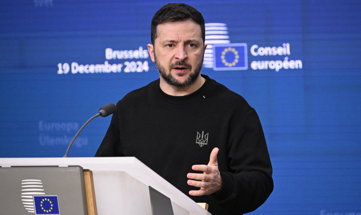 Ukraine's President Volodymyr Zelensky speaks during a press conference after the European Council meeting at the EU headquarters in Brussels on December 19, 2024. (AFP)