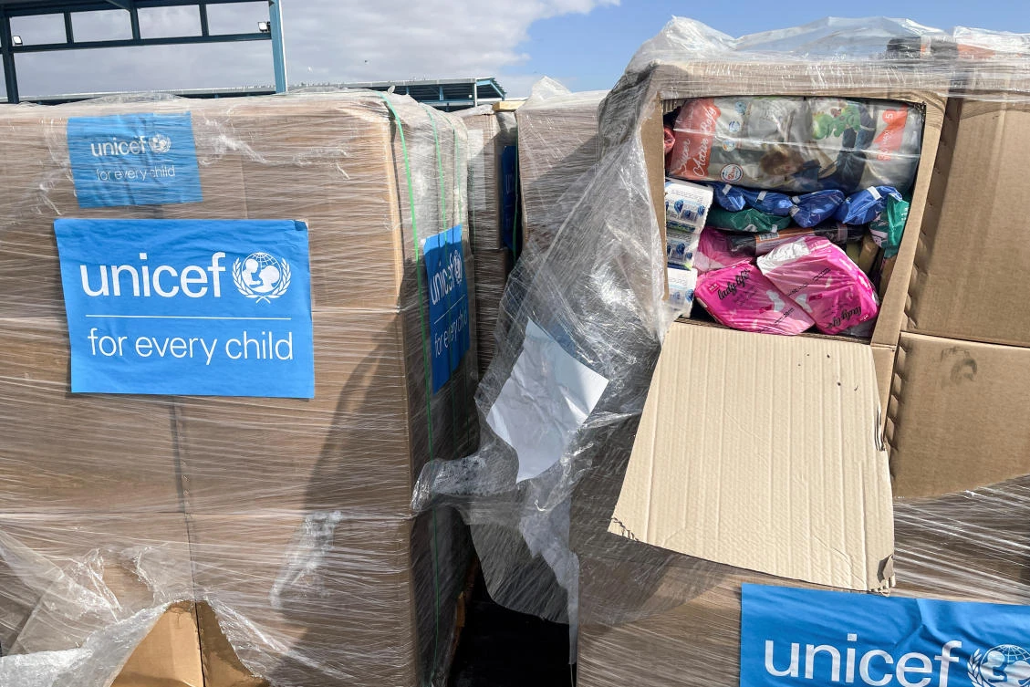 Humanitarian aid await distribution, amid the ongoing conflict in Gaza between Israel and Hamas, at the Kerem Shalom distribution center in the Gaza Strip, November 28, 2024. (REUTERS)
