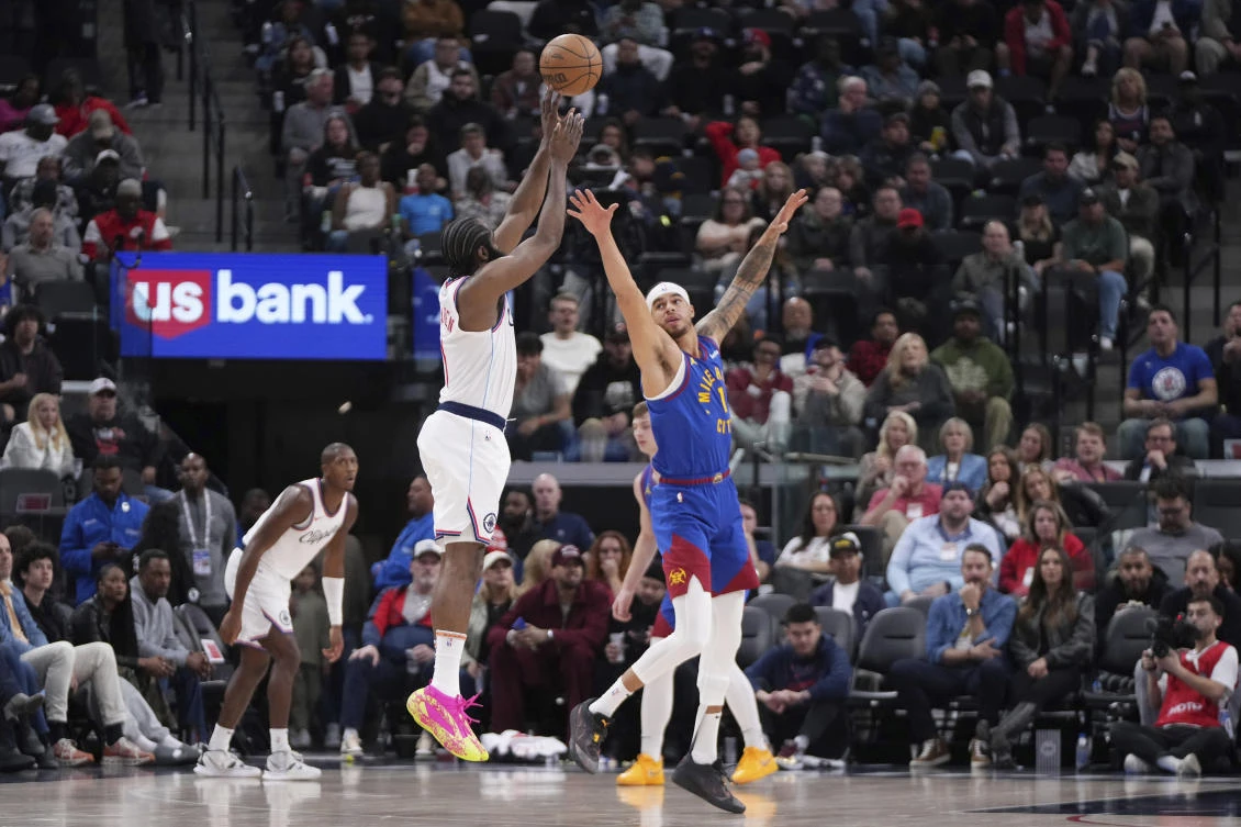 Los Angeles Clippers’ James Harden hit three 3s in the first half and three more in the second half while leading the Clippers with 39 points against the Denver Nuggets. (AP)