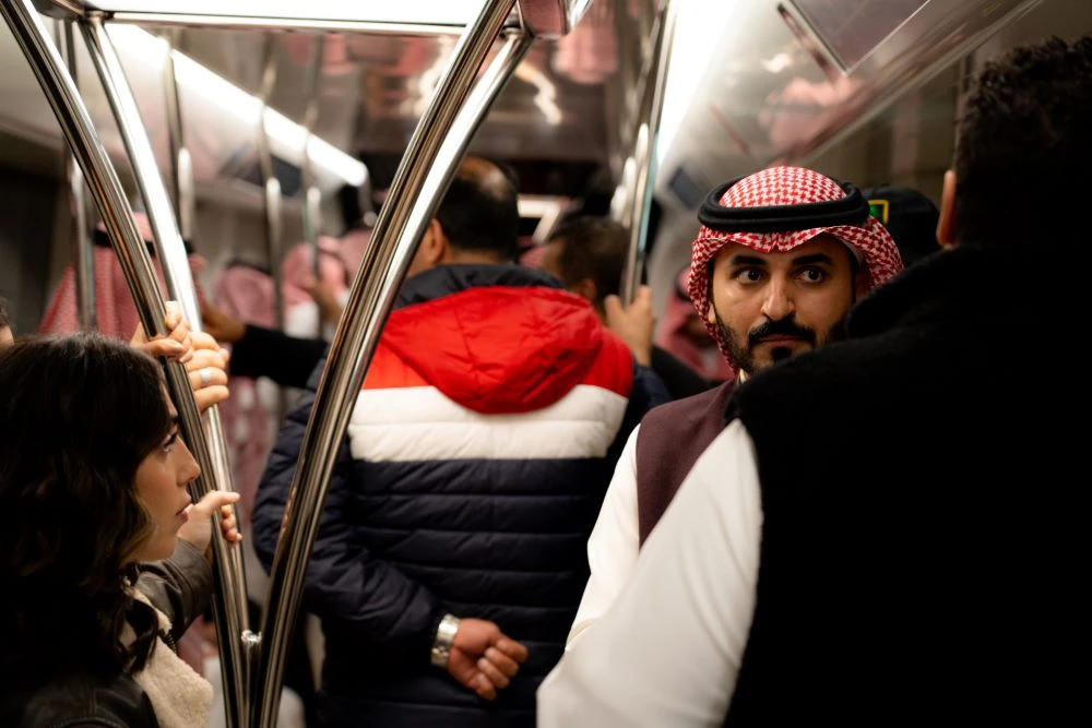 Media personnel and officials ride the Riyadh Metro. (AN Photo/ Abdulrhman Bin Shalhuob)