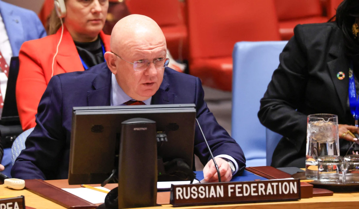 Russian Ambassador to the UN Vasily Nebenzya speaks during a UN Security Council meeting about Women and peace and security on December 03, 2024, at UN headquarters in New York City. (AFP)