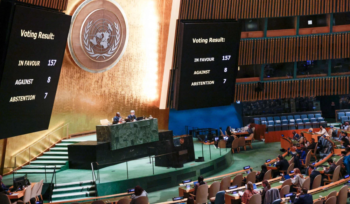 A screen shows the results of the vote on the resolution entitled "Peaceful settlement of the question of Palestine" at the General Assembly 46th plenary meeting on December 3, 2024, at the UN headquarters in New York City. (AFP)