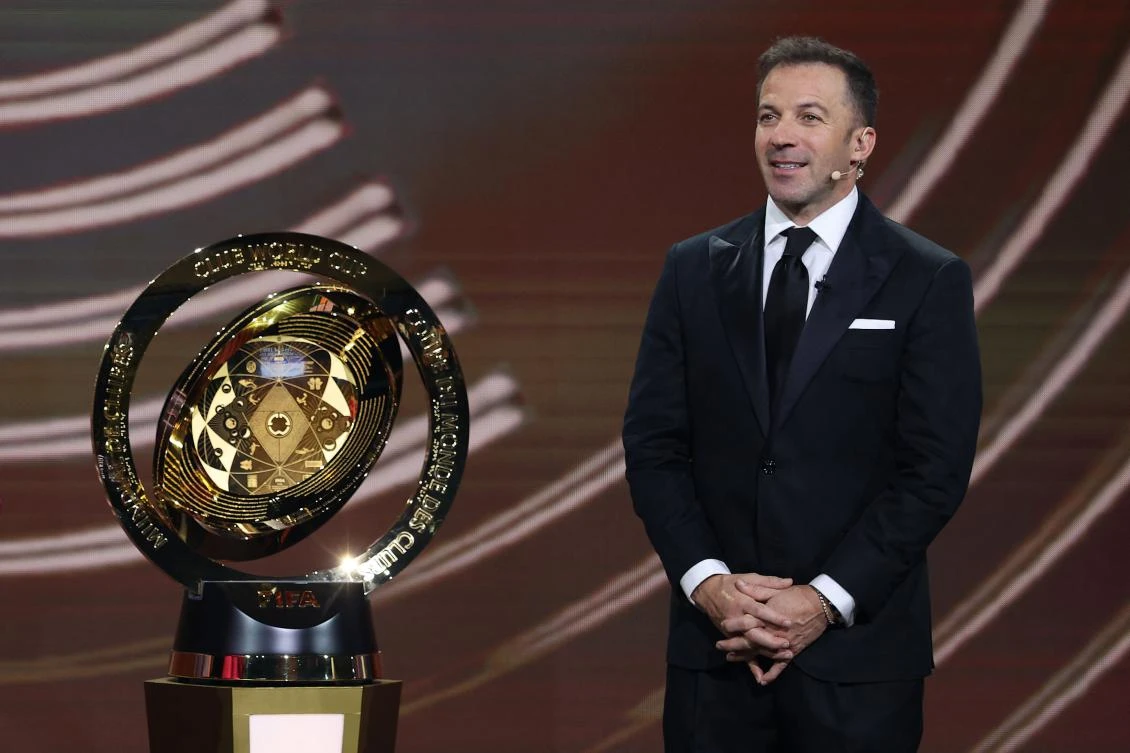 Alessandro Del Piero looks on alongside The FIFA Club World Cup Trophy during the 2025 FIFA Club World Cup Draw at Telemundo Studios on Dec. 05, 2024 in Miami, Florida. (AFP)