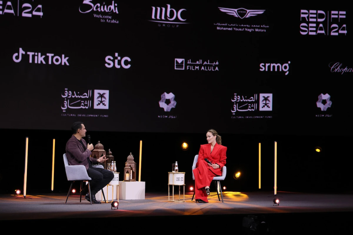 Dhaffer L’Abidine and Olivia Wilde speak on stage during the In Conversation With Olivia Wilde at the Red Sea International Film Festival 2024 on Dec. 8, 2024 in Jeddah, Saudi Arabia. (Getty Images)