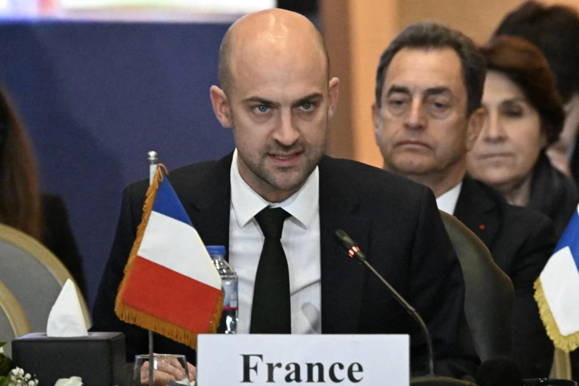 France's Minister for Europe and Foreign Affairs Jean-Noel Barrot speaks during a humanitarian conference for Gaza in Cairo on December 2, 2024. (AFP)