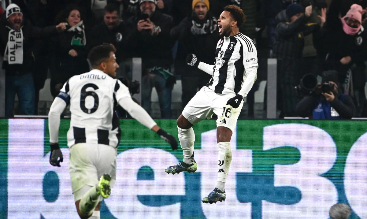 Juventus’ US midfielder Weston McKennie (R) leaps in the air as he celebrates after scoring Juventus’ second goal during the UEFA Champions League, league phase day 6, match between Juventus and Manchester City at the Allianz stadium in Turin, on Dec. 11, 2024. (AFP)