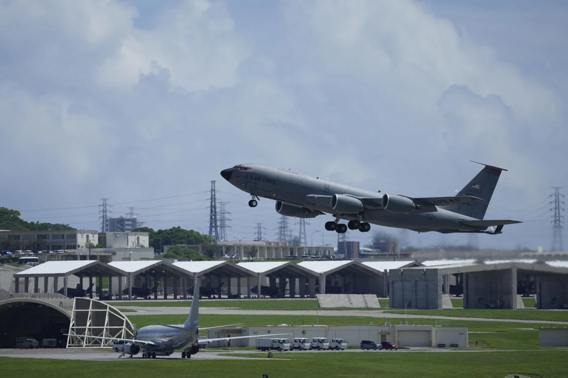 Above, a US Air Force KC-135 Stratotanker refueling tanker aircraft takes off from the Kadena Air Base airfield west of Okinawa on Aug. 30, 2023. (AP file photo)