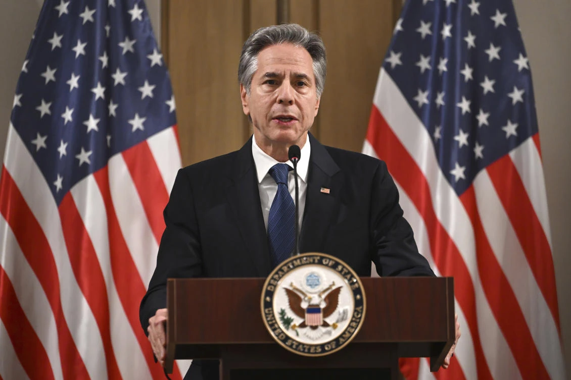 US Secretary of State Antony Blinken delivers a statement to the press after the meeting with the foreign ministers of the Arab Contact Group on Syria in Jordan’s southern Red Sea coastal city of Aqaba, Dec. 14, 2024. (AP)