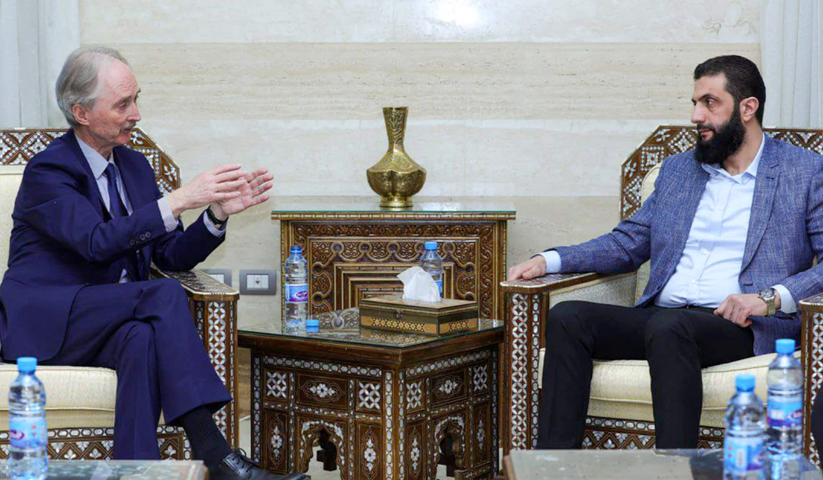 UN Special Envoy Geir Pedersen meets with Hayat Tahrir Al-Sham leader Ahmed Al-Sharaa in Damascus on Dec. 15, 2024 in this handout photo provided by Syria’s interim government. (AFP)