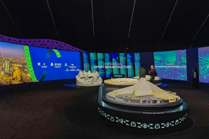 A detailed model of Riyadh's proposed sports infrastructure is on display at the Saudi Arabia World Cup bid exhibition in Riyadh, Saudi Arabia, Dec. 11, 2024. The exhibition highlights the Kingdom's plans for hosting the 2034 World Cup. (AP)