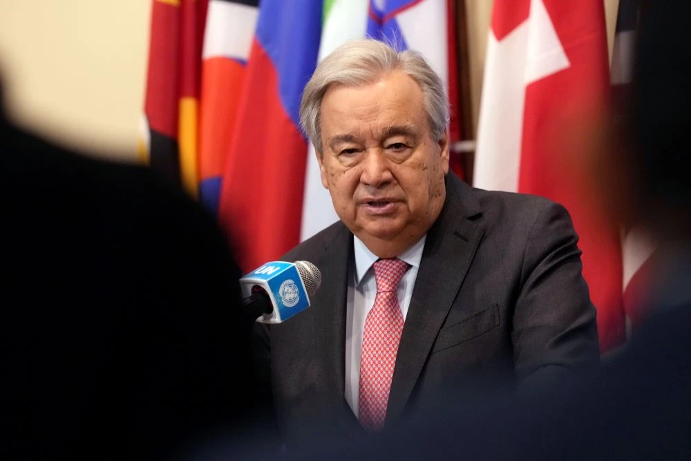 UN Secretary General Antonio Guterres answers media questions after he delivered remarks on Syria outside the UN Security Council, Thursday, Dec. 19, 2024. (AP Photo)
