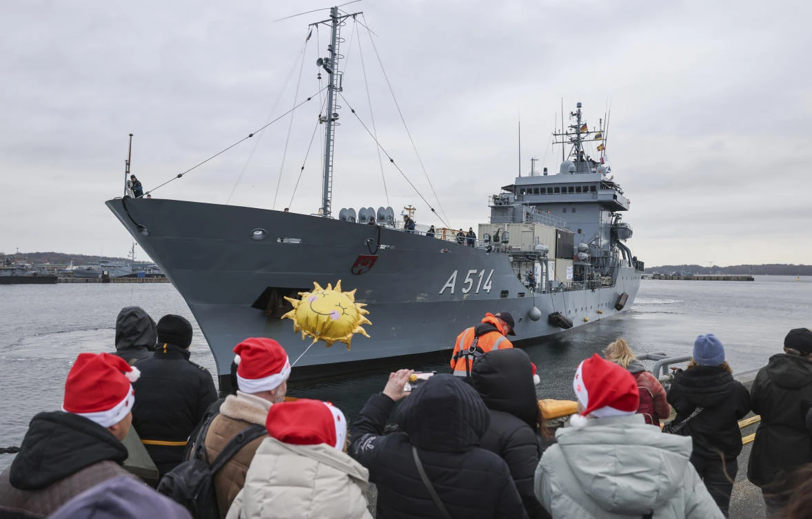 The northern Kiel-Wik port is home to German naval installations and shipyards of the defense giant Thyssenkrupp, which builds submarines there. (dpa via AP)