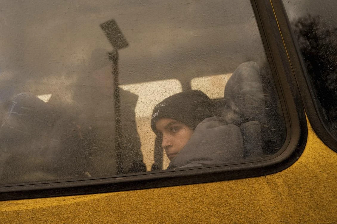 A boy rides inside a bus during an evacuation of civilians from Pokrovsk, Ukraine. (AP)