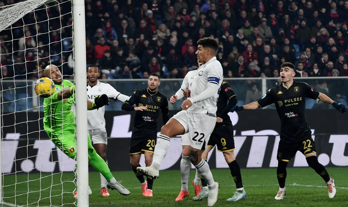 Napoli’s Amir Rrahmani scores their second goal as Genoa’s Nicola Leali attempts to save during their Serie A football match at the Stadio Comunale Luigi Ferraris, Genoa, Italy, on Dec. 21, 2024. (Reuters)