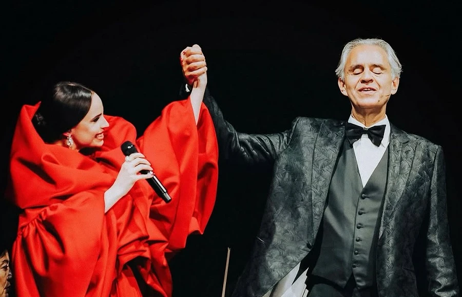 Sofia Carson championed Elie Saab and Zuhair Murad throughout the year, culminating with two performances in New York with Andrea Bocelli this weekend. (Instagram)