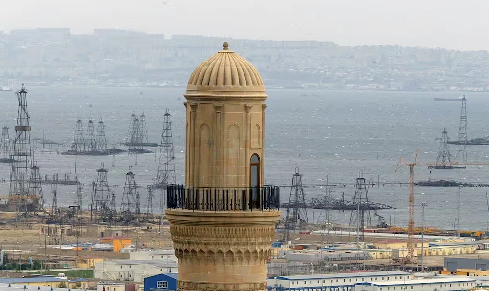 Oil derricks in Baku where the BTC pipeline begins before running through Azerbaijan, Georgia and Turkiye. (AP)