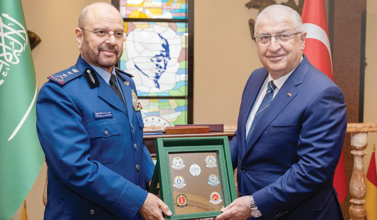 Turkish defense minister Yasar Guler (R) receives Lt. Gen. Fayyadh Al-Ruwaili in Ankara. (Supplied)