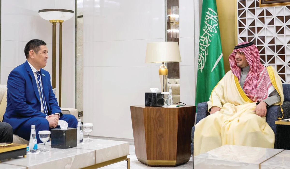 Prince Abdulaziz bin Saud bin Naif (R) holds talks with Madiyar Menilbekov in Riyadh. (Supplied)