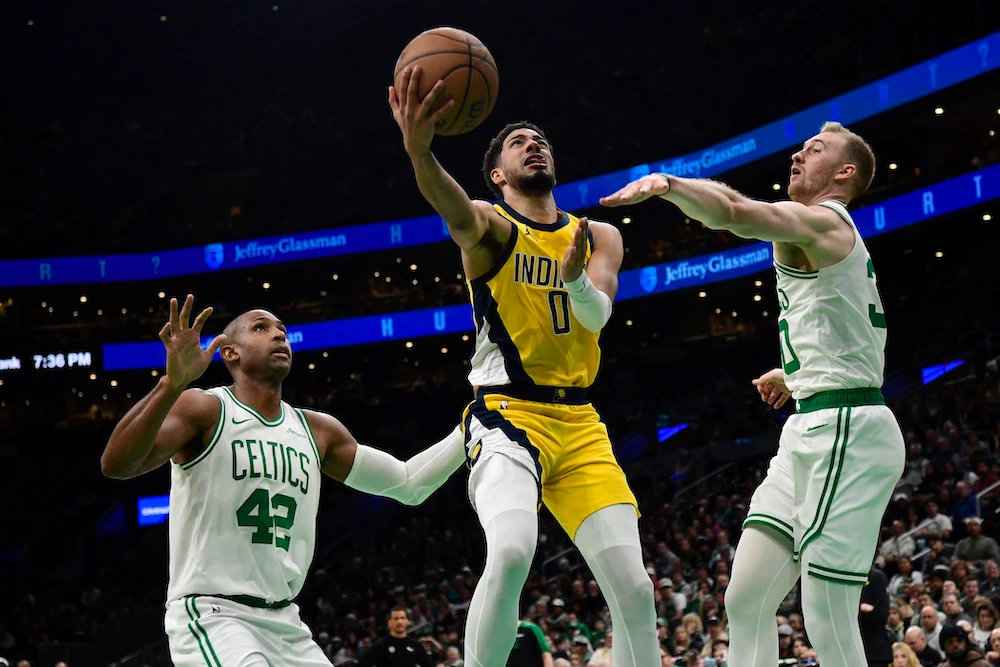Indiana Pacers guard Tyrese Haliburton drives to the basket during second half of their NBA game against the Boston Celtics at TD Garden on Sunday. (USA TODAY Sports)