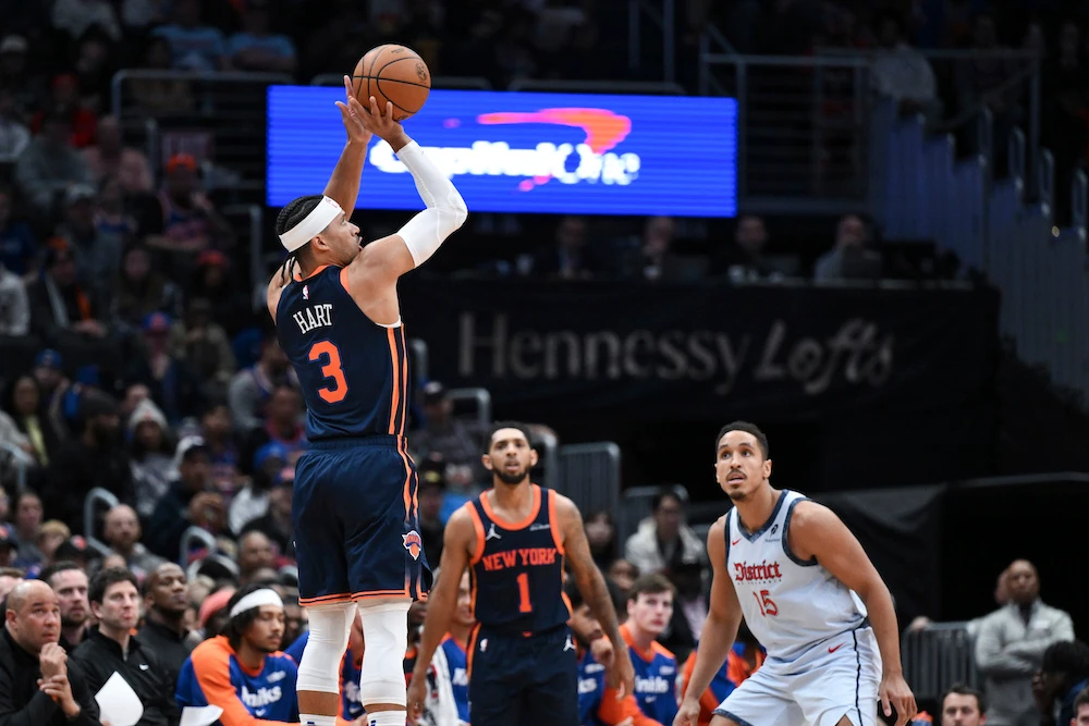 New York Knicks guard Josh Hart shoots a three-point basket during the first half of their NBA game against the Washington Wizards on Monday evening in Washington. (AP)