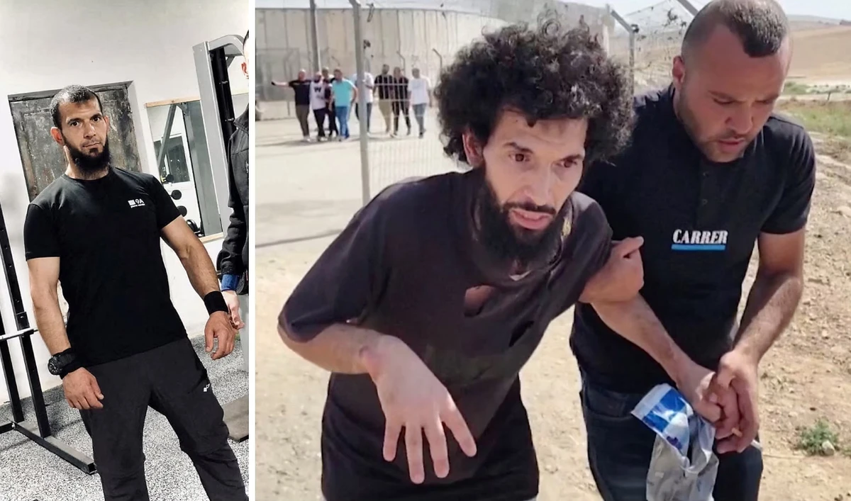 Left: Palestinian Moazaz Obaiyat trains in a gym, prior to his arrest, near Bethlehem. Right: Obaiyat walks after being released from an Israeli jail in the occupied West Bank. (Reuters)