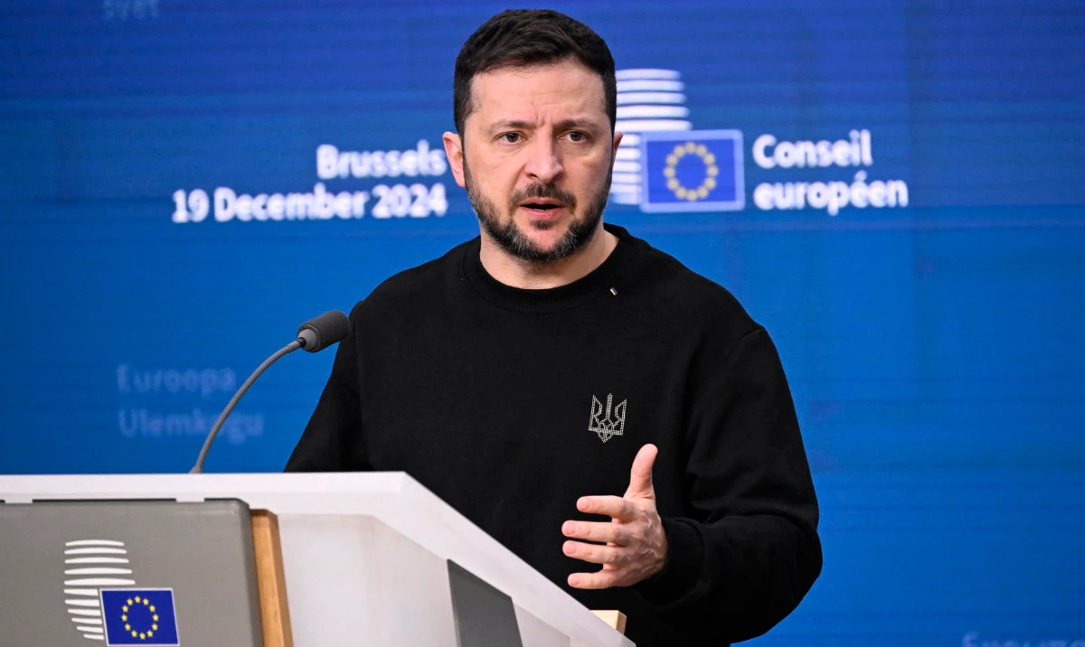 Ukraine's President Volodymyr Zelensky speaks during a press conference after the European Council meeting at the EU headquarters in Brussels on December 19, 2024. (AFP)