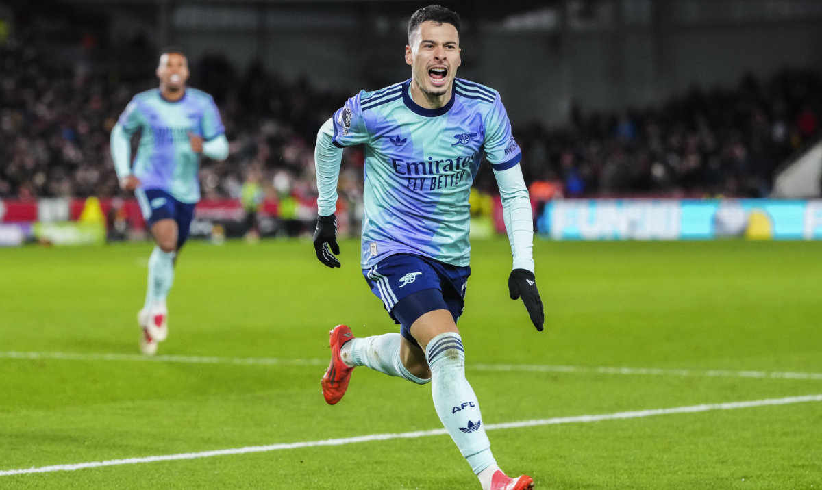 Arsenal's Gabriel Martinelli celebrates after scoring his side third goal during the English Premier League soccer match between Brentford and Arsenal at the Gtech Community stadium in London, Wednesday, Jan. 1, 2025. (AP)