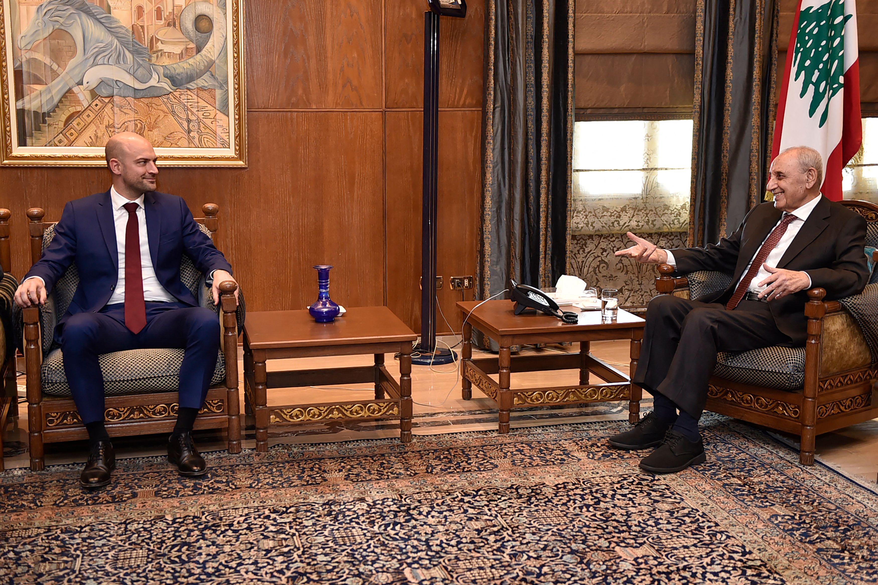 France’s Foreign Minister Jean-Noel Barrot (L) meets with Lebanese Parliament Speaker Nabih Berri in Beirut on January 2, 2025. (AFP)