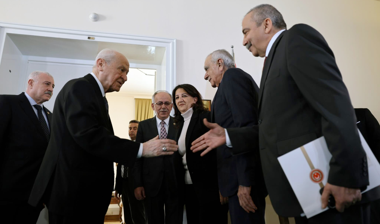 The DEM Party’s three-person delegation first met with Speaker Numan Kurtulmus and then with MHP leader Devlet Bahceli. (Supplied)