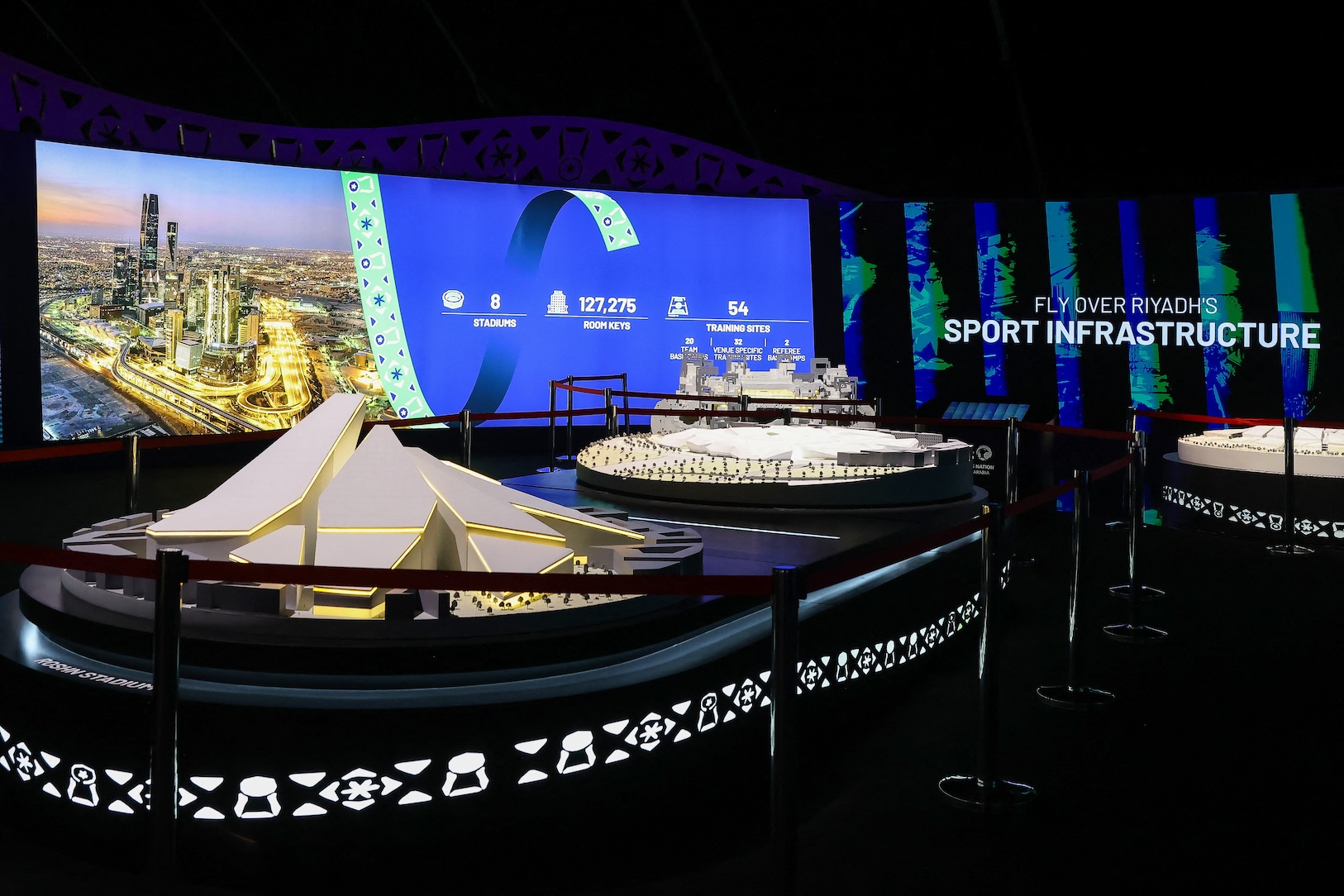 This picture taken on Oct. 30, 2024 shows a view of stadiums models displayed during a media tour in the FIFA football 2034 World Cup Saudi bid exhibition in Riyadh. (AFP)