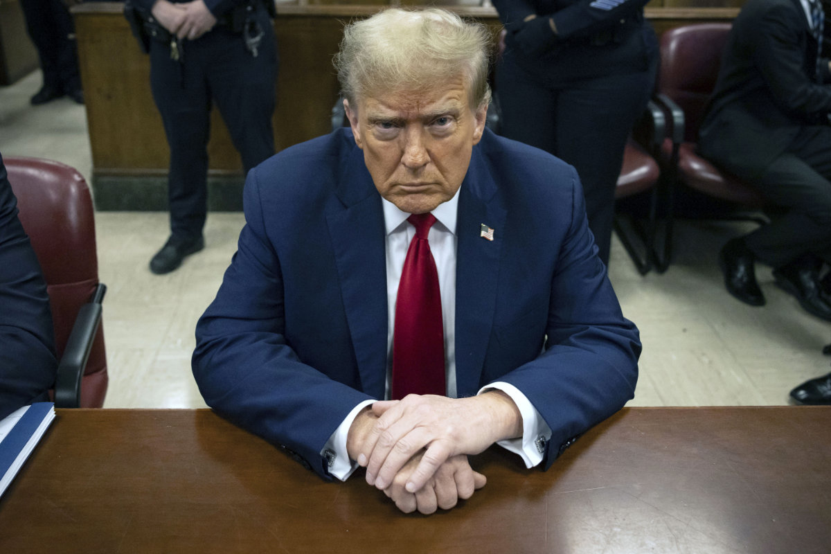 This photo taken on April 23, 2024, shows former President Donald Trump waiting for the start of proceedings at the Manhattan criminal court in New York. (AP file)