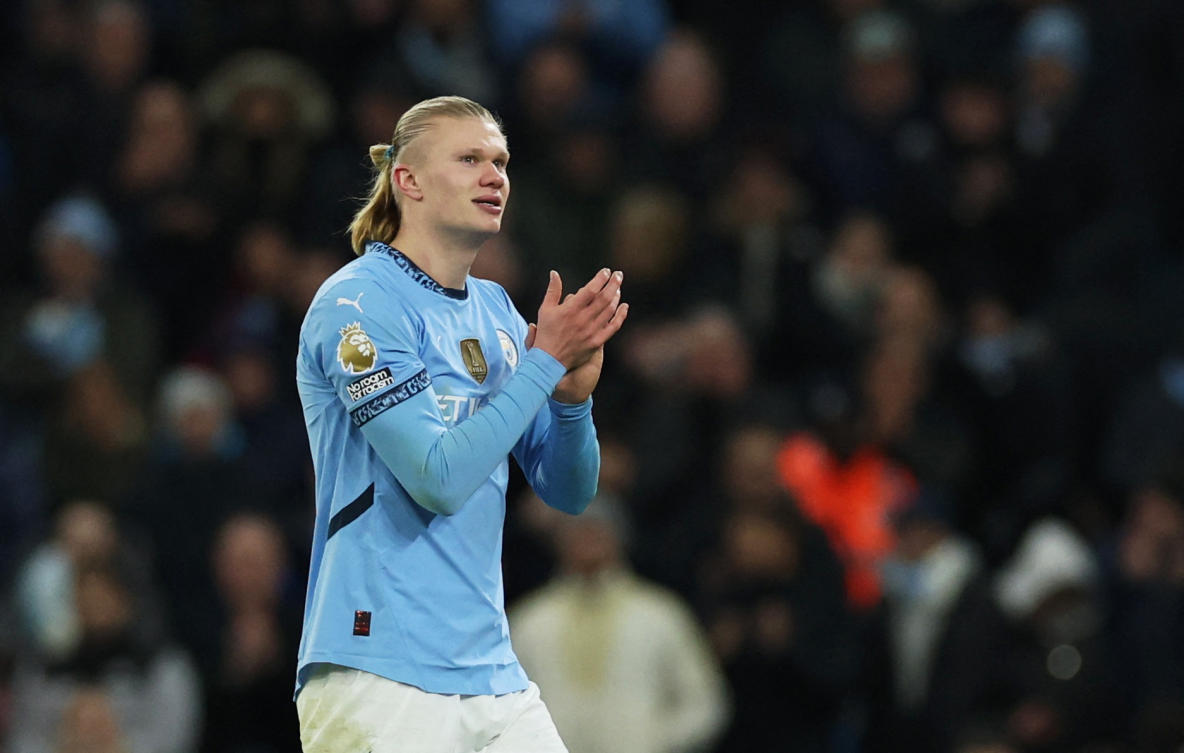 Manchester City’s Erling Haaland applauds fans after being substituted in their thrashing of West Ham United. (Reuters)