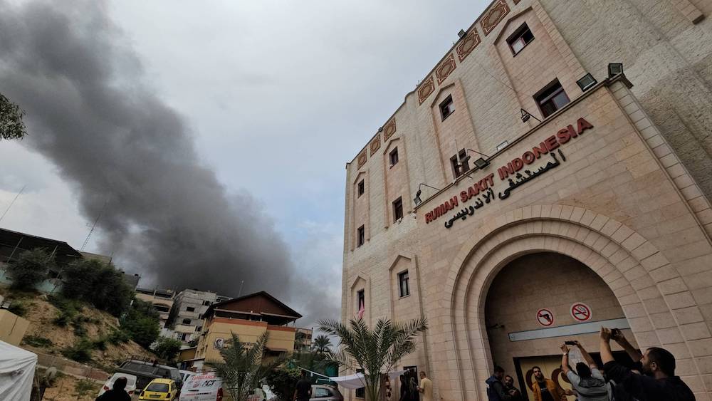 Smoke rises following an Israeli strike near the Indonesian Hospital in the northern Gaza Strip, Nov. 12, 2023. (Reuters)