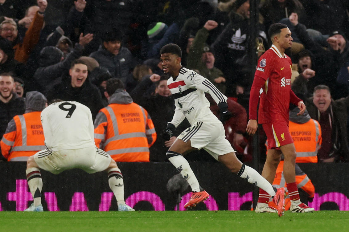 Manchester United’s Amad Diallo celebrates scoring their second goal with Rasmus Hojlund. (Reuters)