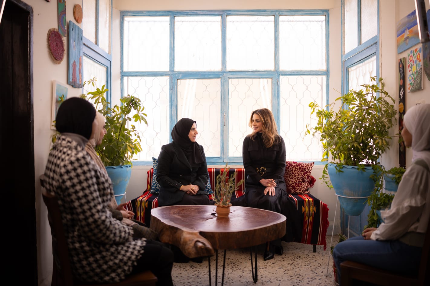 Queen Rania of Jordan visited Jerash on Sunday, meeting members of the Darb Al-Noor Association for Community Development and a group of young entrepreneurs she previously supported under a sponsorship scheme. (Jordan News Agency)