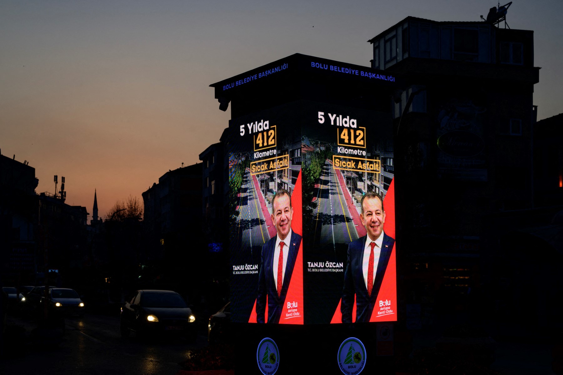 This photograph taken on March 4, 2024 shows billboard of Mayor Tanju Ozcan, from the The Republican People's Party (CHP) in Bolu on March 4, 2024, ahead of the municipal election of March 31. (AFP)