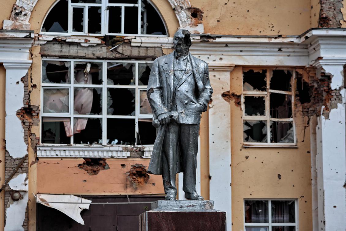 This photograph taken on 16 August, 2024, shows a damaged statue of the founder of the Soviet Union Vladimir Lenin in the Ukrainian-controlled Russian town of Sudzha, Kursk region. (AFP)