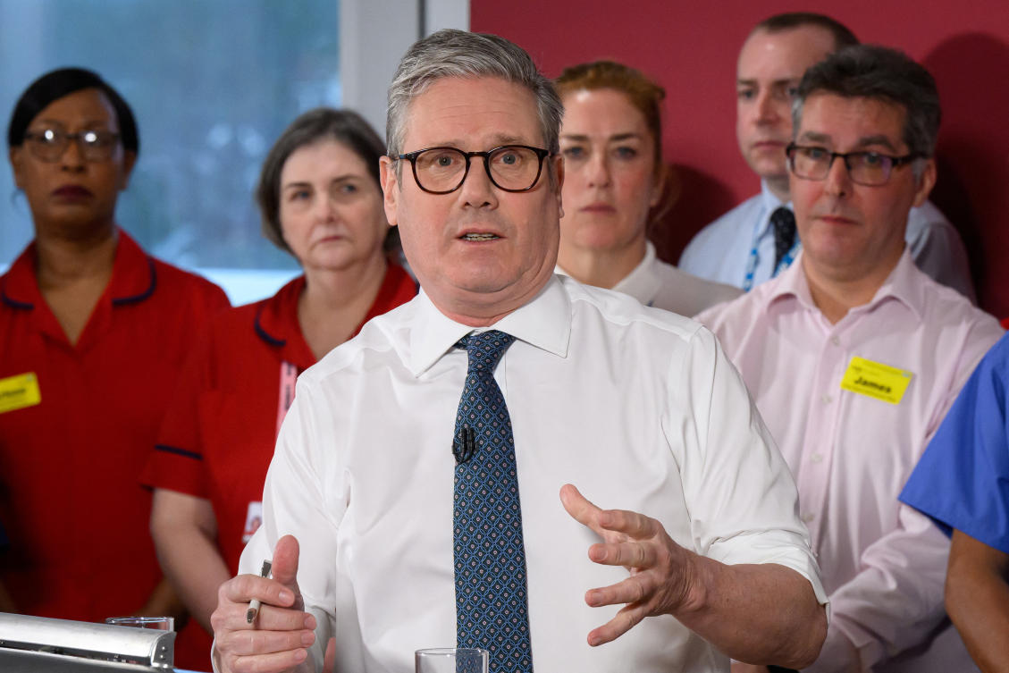 Britain’s Prime Minister Keir Starmer answers a question from the media during a visit to the Elective Orthopaedic Center at Epsom Hospital on January 06, 2025 in Epsom, Britain. (Reuters)