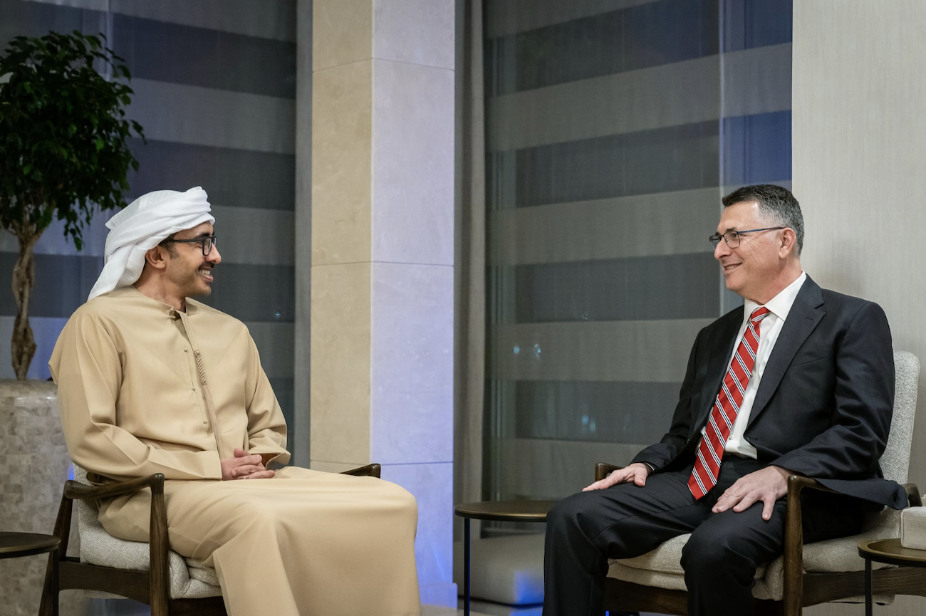 UAE’s Foreign Minister Sheikh Abdullah bin Zayed Al-Nahyan receives his Israeli counterpart Gideon Saar in Abu Dhabi on Tuesday. (WAM)