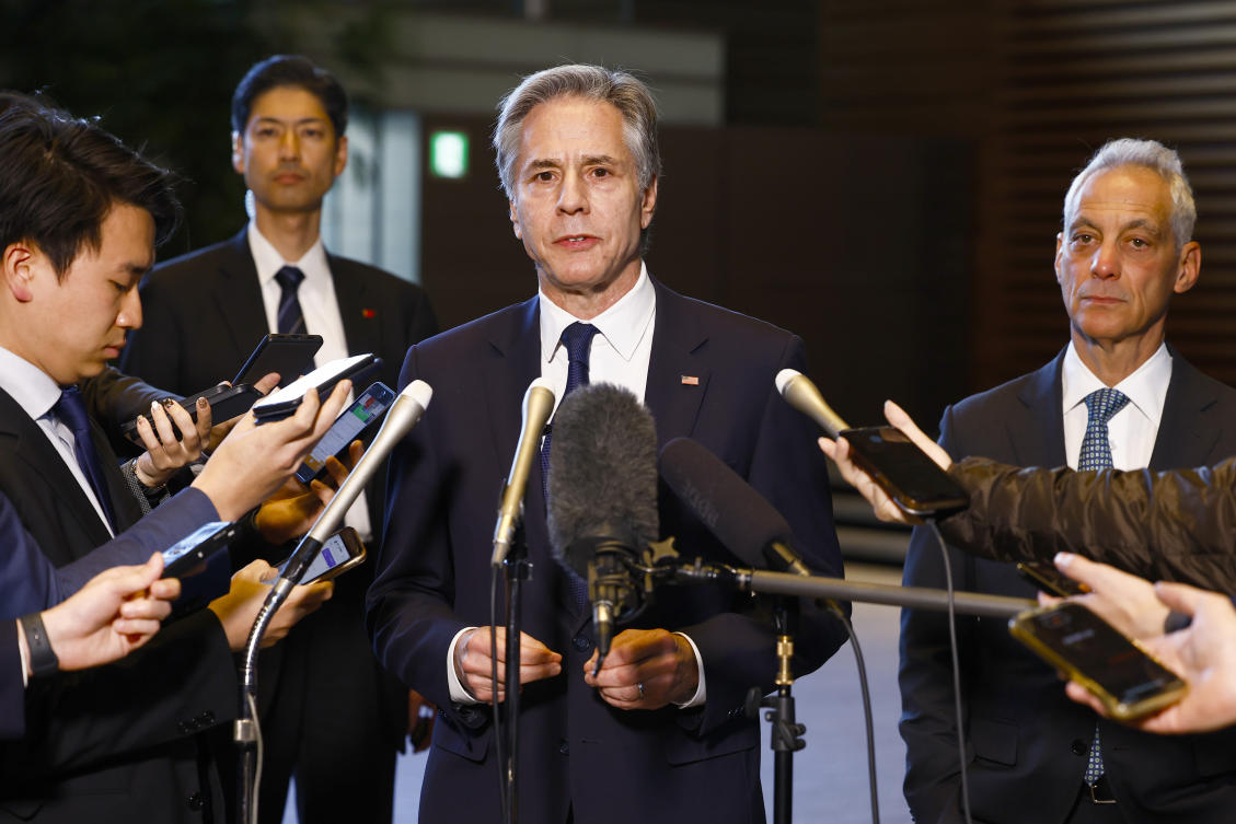 US Secretary of State Antony Blinken, center, delivers remarks next to US Ambassador to Japan Rahm Emanuel, right, after a meeting with Japanese Prime Minister Shigeru Ishiba, unseen, at Ishiba’s office in Tokyo Tuesday, Jan. 7, 2025. (AP)