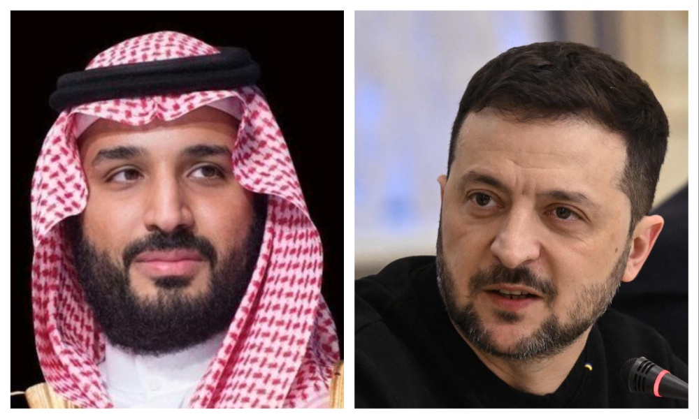 Saudi Arabia’s Crown Prince Mohammed bin Salman and Ukrainian President Volodymyr Zelensky. (File/SPA/AFP)