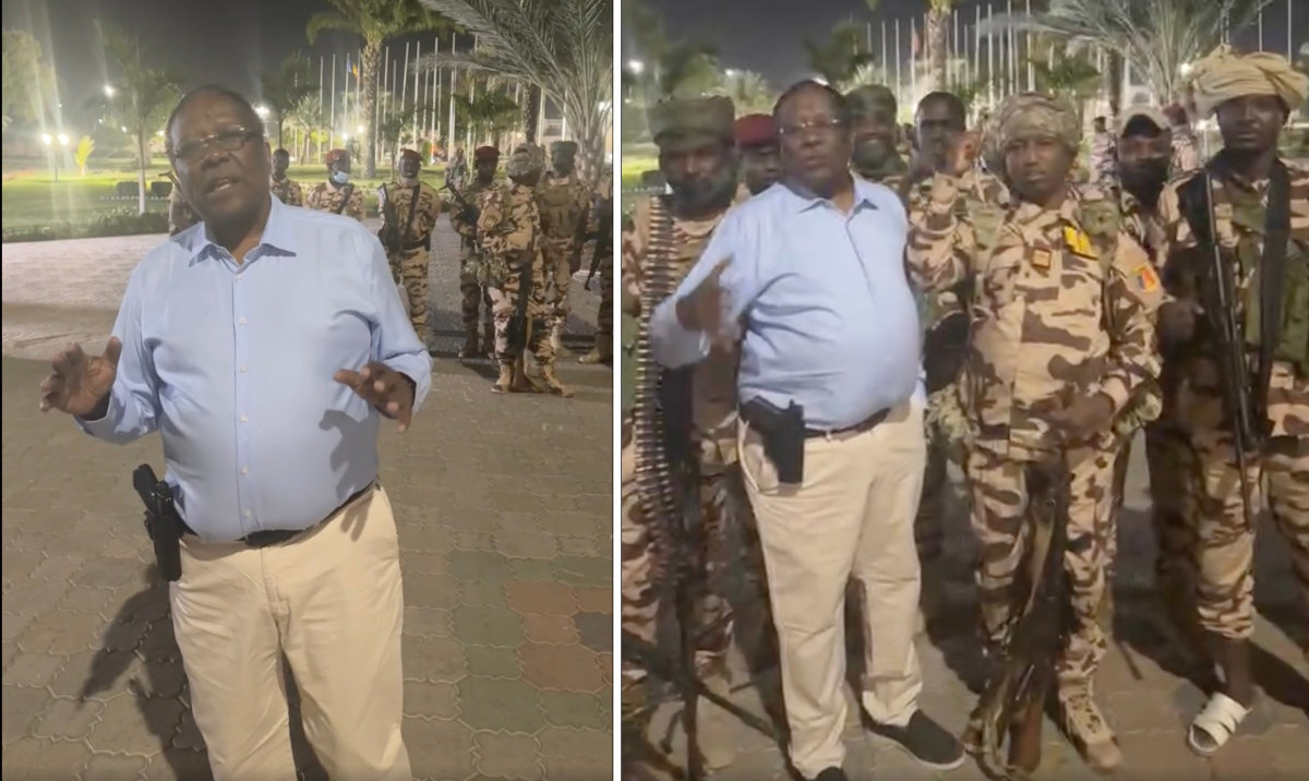 A combination of screenshots from video posted on Facebook shows Abderaman Koulamallah, Chad government spokesman and foreign minister, announcing that presidential guards had repelled a coup attempt against President Mahamat Idriss Deby Itno on Wednesday. (Screen grabs from FB video)
