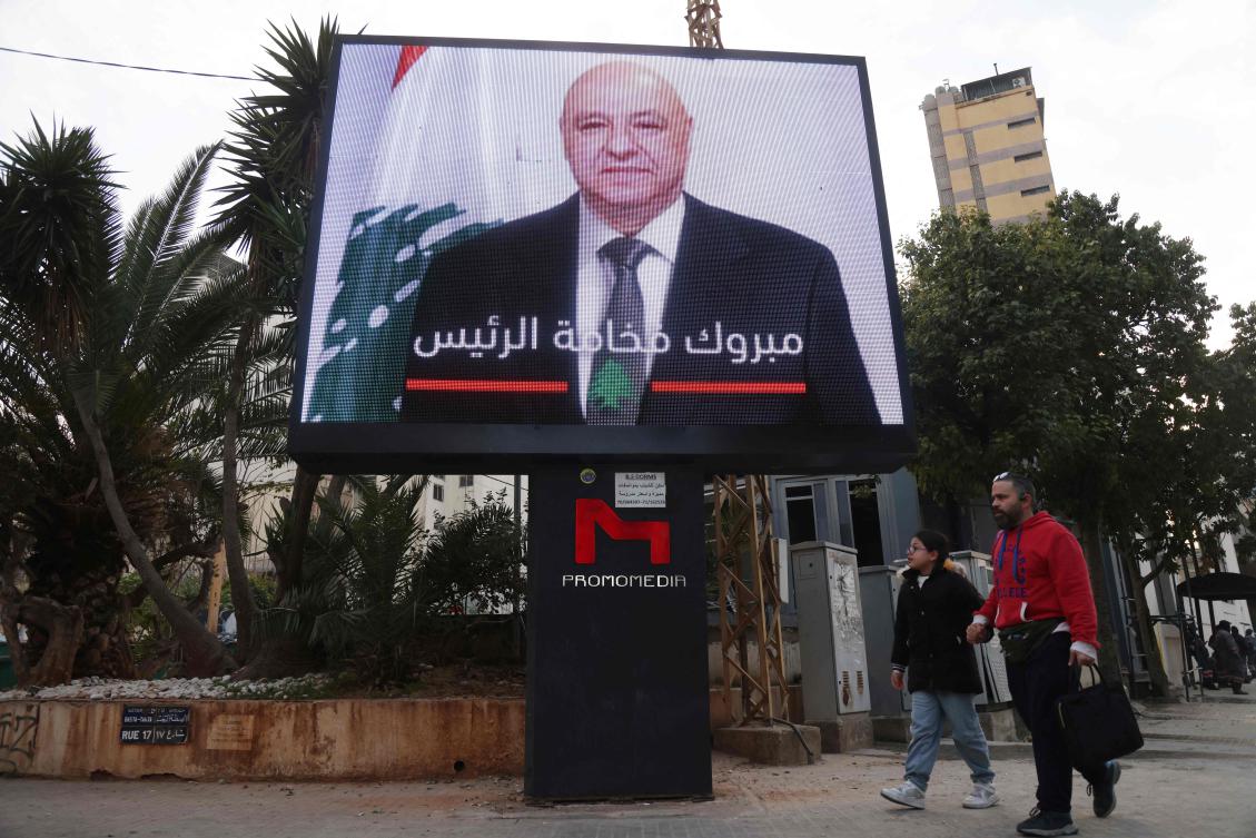 A billboard celebrating the election of army chief Joseph Aoun, as the Lebanon’s president, is seen in Beirut on January 9, 2025. (AFP)